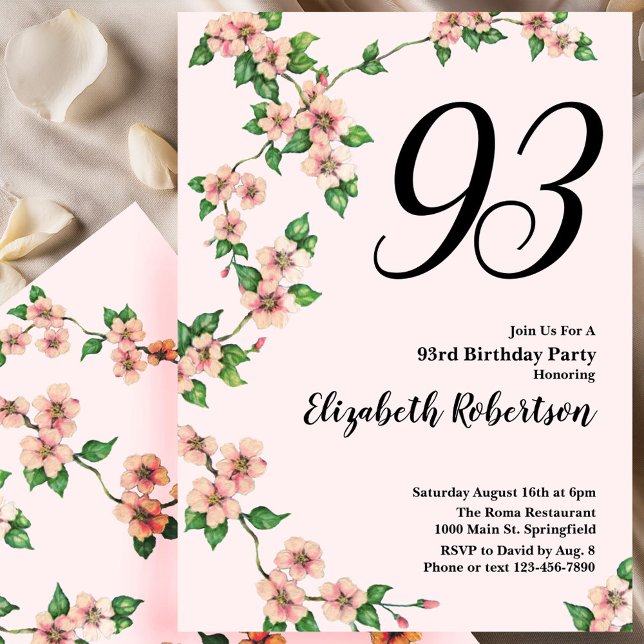 Convite Floral 93rd Birthday Invitation in Blush Pink (Criador carregado)