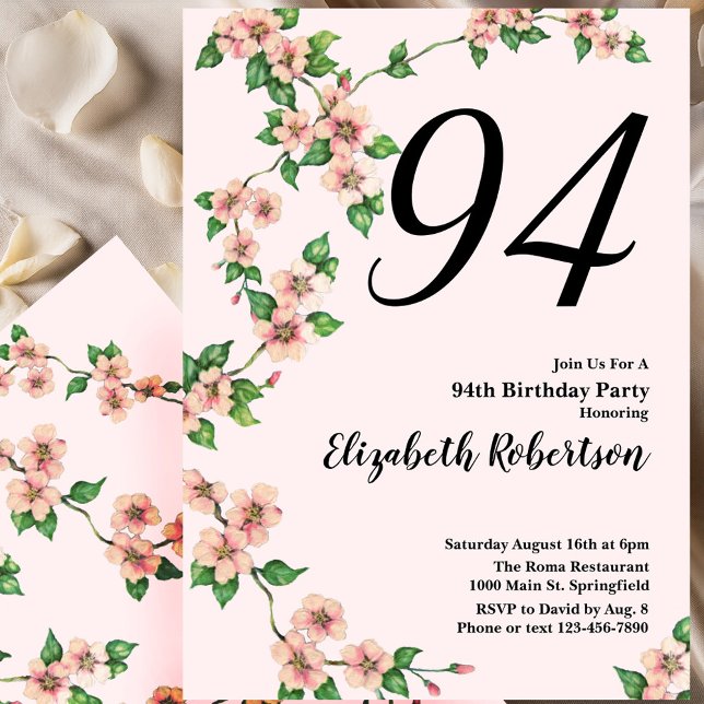Convite Floral 94th Birthday Invitation in Blush Pink (Criador carregado)