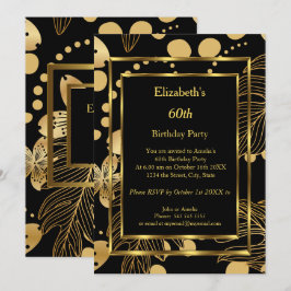 Convite Floral a Preto Dourado festa de aniversári
