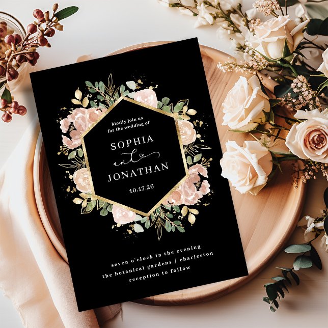 Convite Floral a Preto e Neutro de Aquarela | Casamento (An elegant, dark black floral wedding invitation with faux gold)