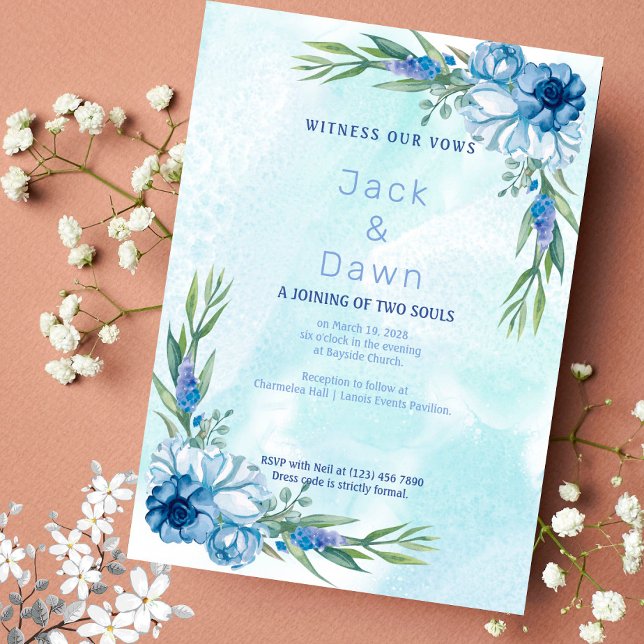 Convite Floral abstrato Azul e Verde para Casament (Criador carregado)