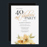 Convite Floral Amarelo Elegante 40 e aniversário fabuloso<br><div class="desc">Este convite tem uma elegância agradável que é perfeita para o seu evento especial. Este design apresenta flores amarelas suaves e tipografia personalizada em um fundo branco nítido. O verso apresenta uma elegante cor preta. Adicione suas informações para completar a aparência.</div>