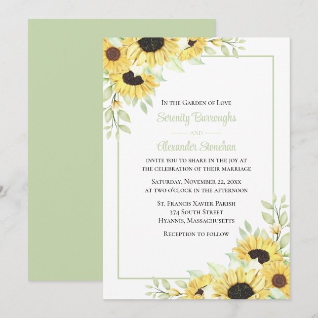 Convite Floral Amarelo Verde Vidro Girassol Casamento (Frente/Verso)