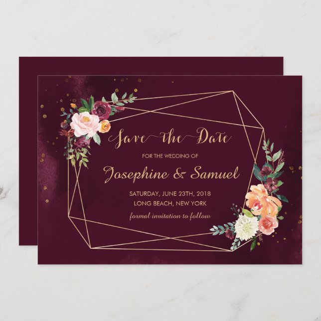 Convite Floral Amarelo Vermelho Brilhante Salvar A Data (Frente/Verso)