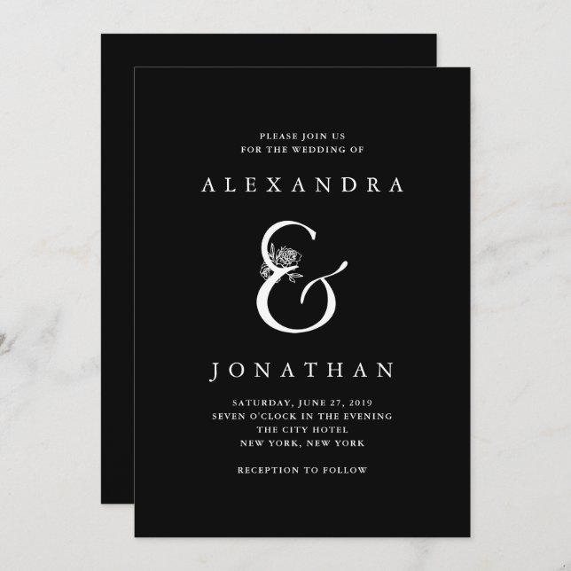 Convite Floral Ampersand | Casamento Negro Dramático (Frente/Verso)