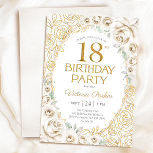 Convite Floral Aniversário de 18 anos Creme Dourado