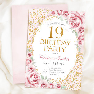 Convite Floral Aniversário de 19 Anos Bege Rosa Dourado