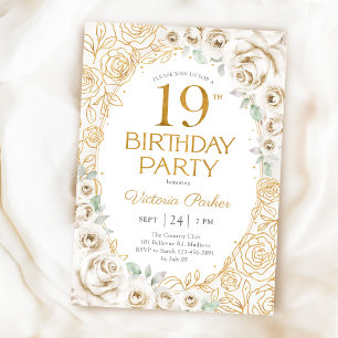 Convite Floral Aniversário de 19 anos Creme Dourado