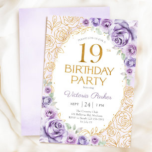 Convite Floral Aniversário de 19 Anos Lilás Roxo Dourado