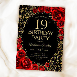 Convite Floral Aniversário de 19 Anos Vermelho Preto Doura