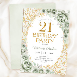 Convite Floral Aniversário de 21 Anos Verde Salvia Dourado
