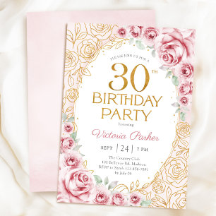 Convite Floral Aniversário de 30 anos Bege Rosa Dourado