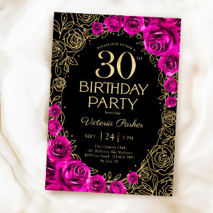 Convite Floral Aniversário de 30 anos Rosa Fúcsia Preto &