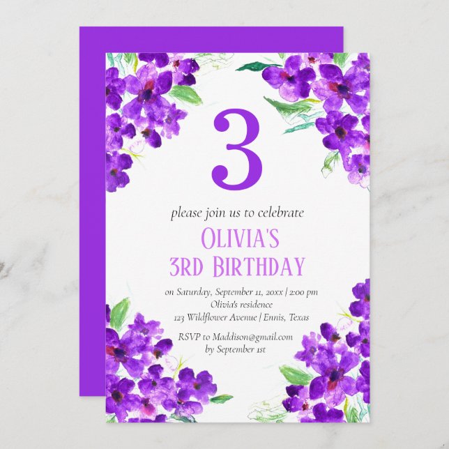 Convite Floral aniversário de 3 anos violeta russa (Frente/Verso)