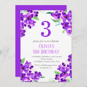 Convite Floral aniversário de 3 anos violeta russa