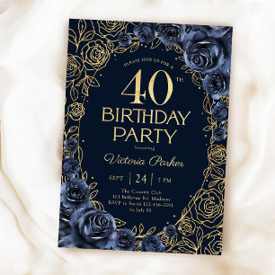 Convite Floral Aniversário de 40 anos Azul Marinho Dourado
