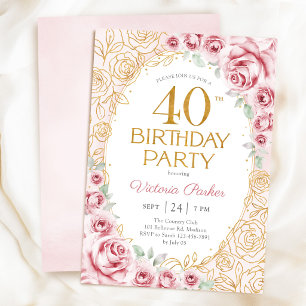 Convite Floral Aniversário de 40 anos Bege Rosa Dourado