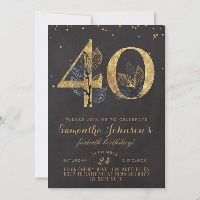 Convite Floral aniversário de 40 anos Dourado (Frente)