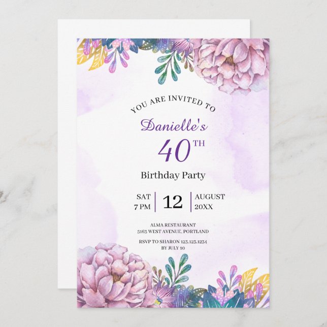convite floral aniversário de 40 anos púrpura (Frente/Verso)