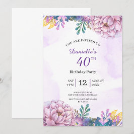 convite floral aniversário de 40 anos púrpura