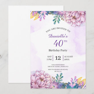convite floral aniversário de 40 anos púrpura