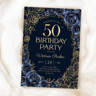 Convite Floral Aniversário de 50 anos Azul Marinho Dourado