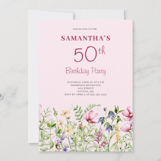 Convite Floral Aniversário de 50 anos Rosa (Frente)