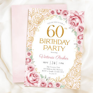 Convite Floral Aniversário de 60 anos Bege Rosa Dourado Fe