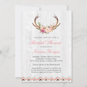 Convite Floral Antler Boho Chá de panela Russo de Madeira
