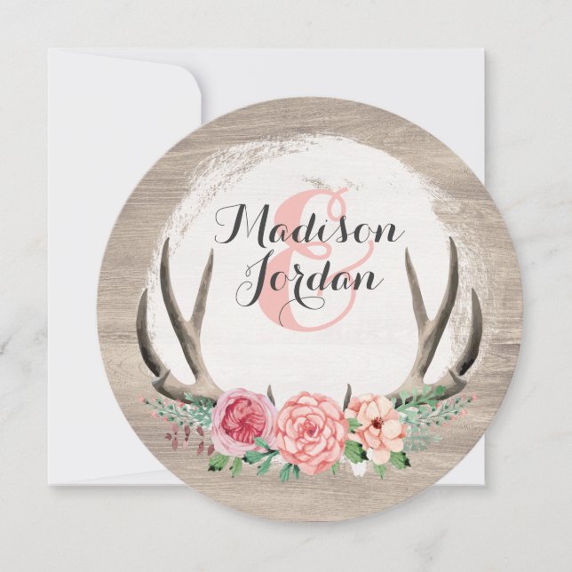 Convite Floral Antlers Rustic Wedding Personalizado Casual (Frente)