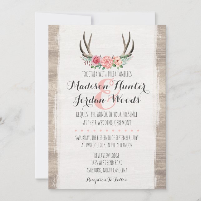Convite Floral Antlers Rustic Wedding Personalizado Formal (Frente)