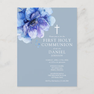 Convite Floral Aquarela Azul para Primeira Comunhã