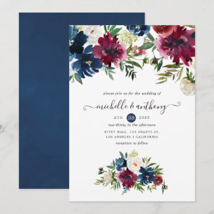 Convite Floral Aquarela Bordo e Azul Marinho