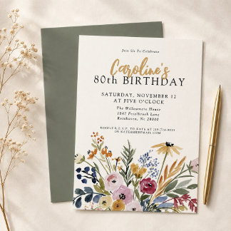 Convite Floral Aquarela Outono 80º Aniversário Elegante