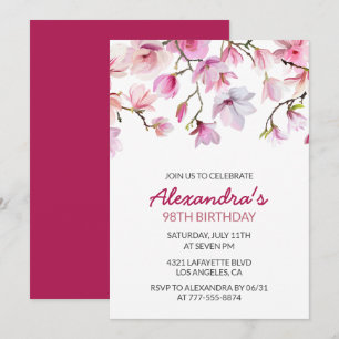 Convite Floral Aquarela Rosa aniversário de 98 anos