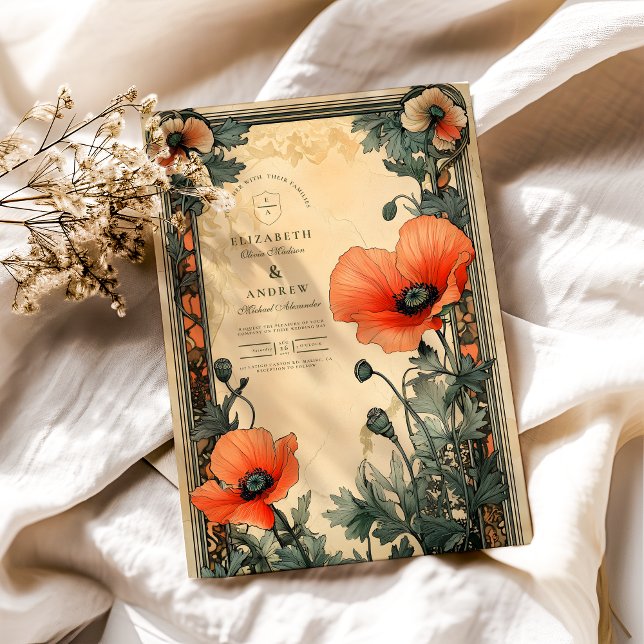 Convite Floral Art Nouveau Poppy Wedding (Criador carregado)