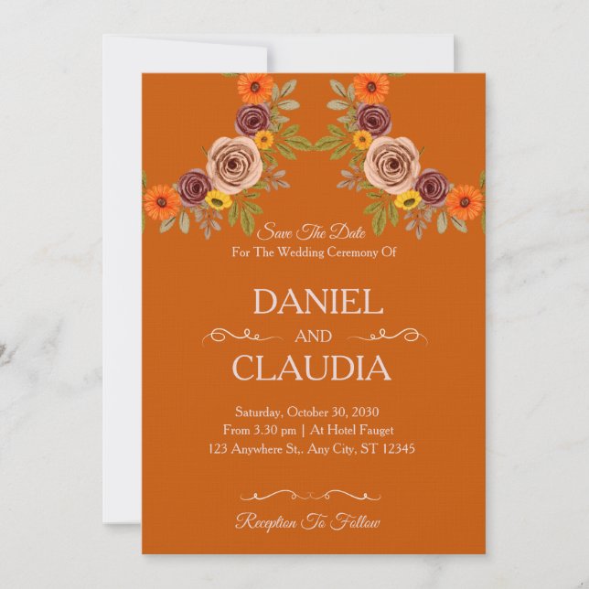 Convite Floral Autumn Burnt Orange Wedding Invitation (Frente)