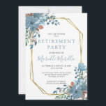 Convite Floral Azul aniversário de 40 anos Dusty<br><div class="desc">Um convite de festas de aposentadoria floral azul empoeirado de cor aquosa e poeirenta com estrutura de brilho dourado. Azul poeirento na parte de trás do convite. Um design de aquarela bonito e leve.</div>