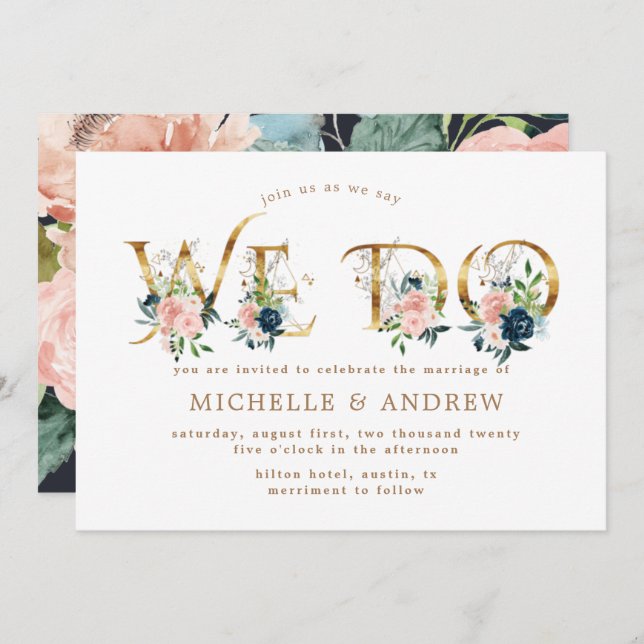 Convite floral azul azul de meia-noite nós fazemos casamen (Frente/Verso)