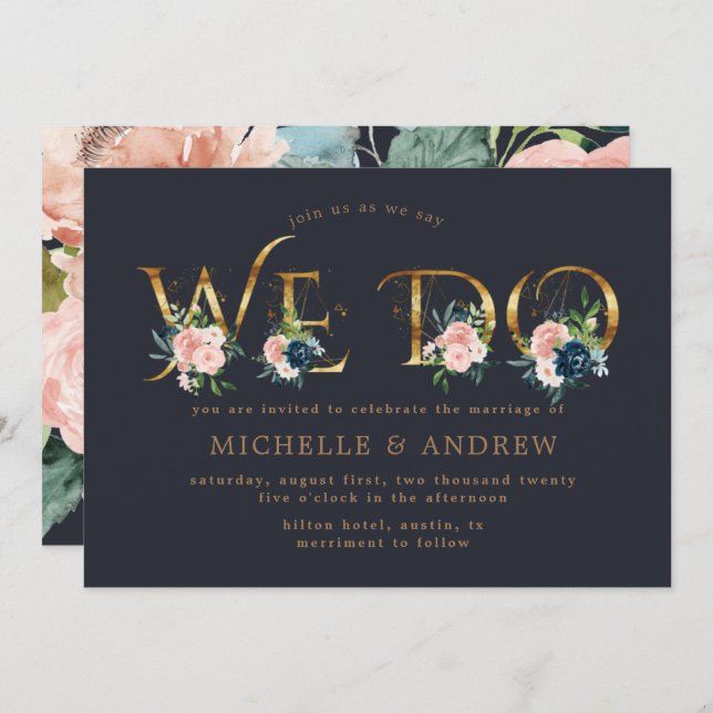 Convite floral azul azul de meia-noite nós fazemos casamen (Frente/Verso)