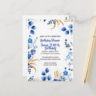 Convite Floral Azul Bebê e Prata Editável,