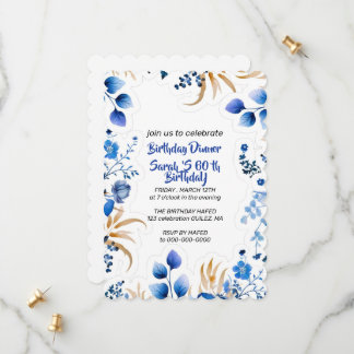 Convite Floral Azul Bebê e Prata Editável,