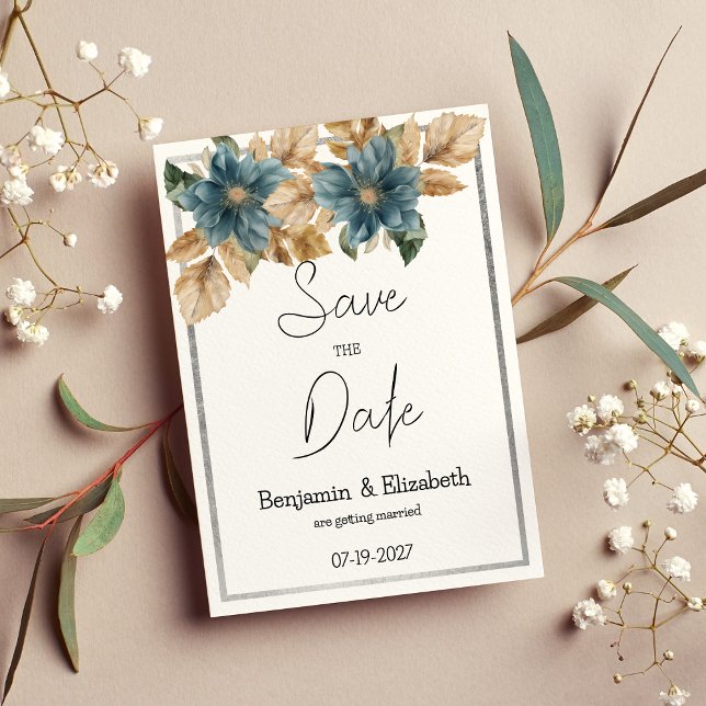Convite Floral azul-botânico prateado Salvar a Data (Botanic blue brown silver floral Save the Date )