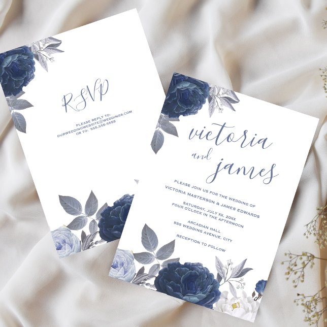 Convite Floral Azul Brilhante De Casamento De Verão Com RS (Summer Wedding Bright Blue Floral With RSVP Invitation)