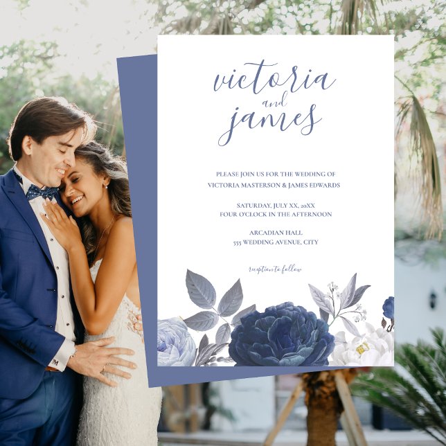 Convite Floral Azul Brilhante para Casamento de Ve (Summer Wedding Bright Blue Floral Invitation)