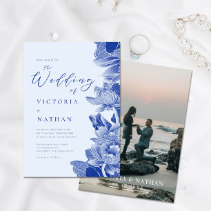 Convite Floral Azul Claro Com Foto Chinoiserie Casamento I