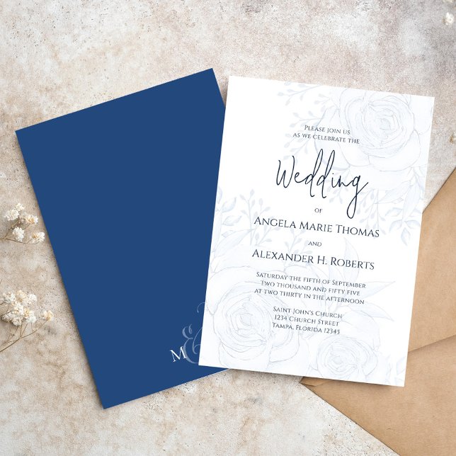Convite Floral Azul Clássico de Caligrafia Elegante Simple (Wedding invitation with elegant floral foliage design)