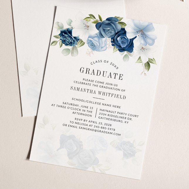 Convite Floral Azul com Festa de formatura 2025 (Graduation 2024 Dusty Blue Floral Party Invitation)