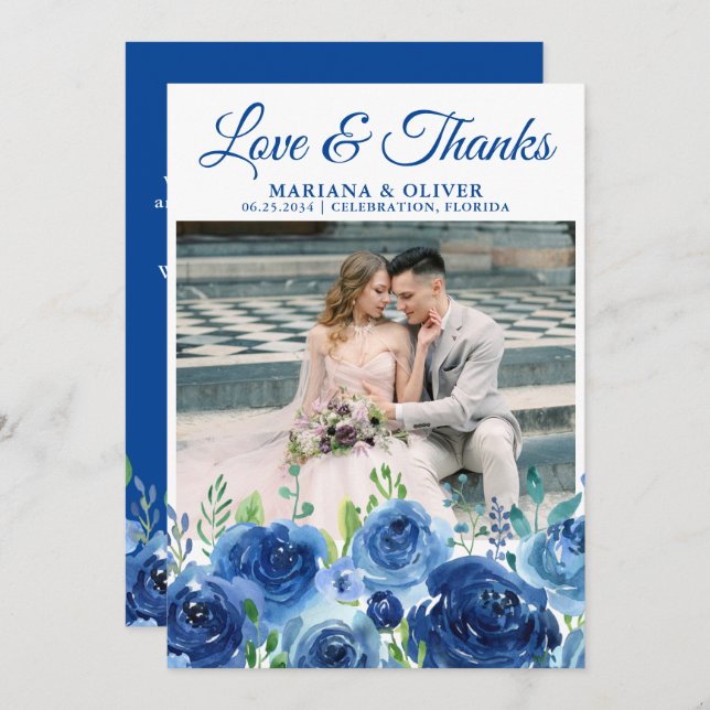 Convite Floral Azul do Marinho de Foto de Casamento (Frente/Verso)
