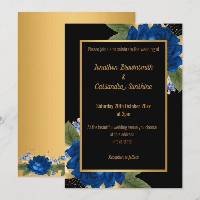 CONVITE FLORAL AZUL DOURADA SIMPLES E MODERNA CASAMENTO TO (Frente/Verso)